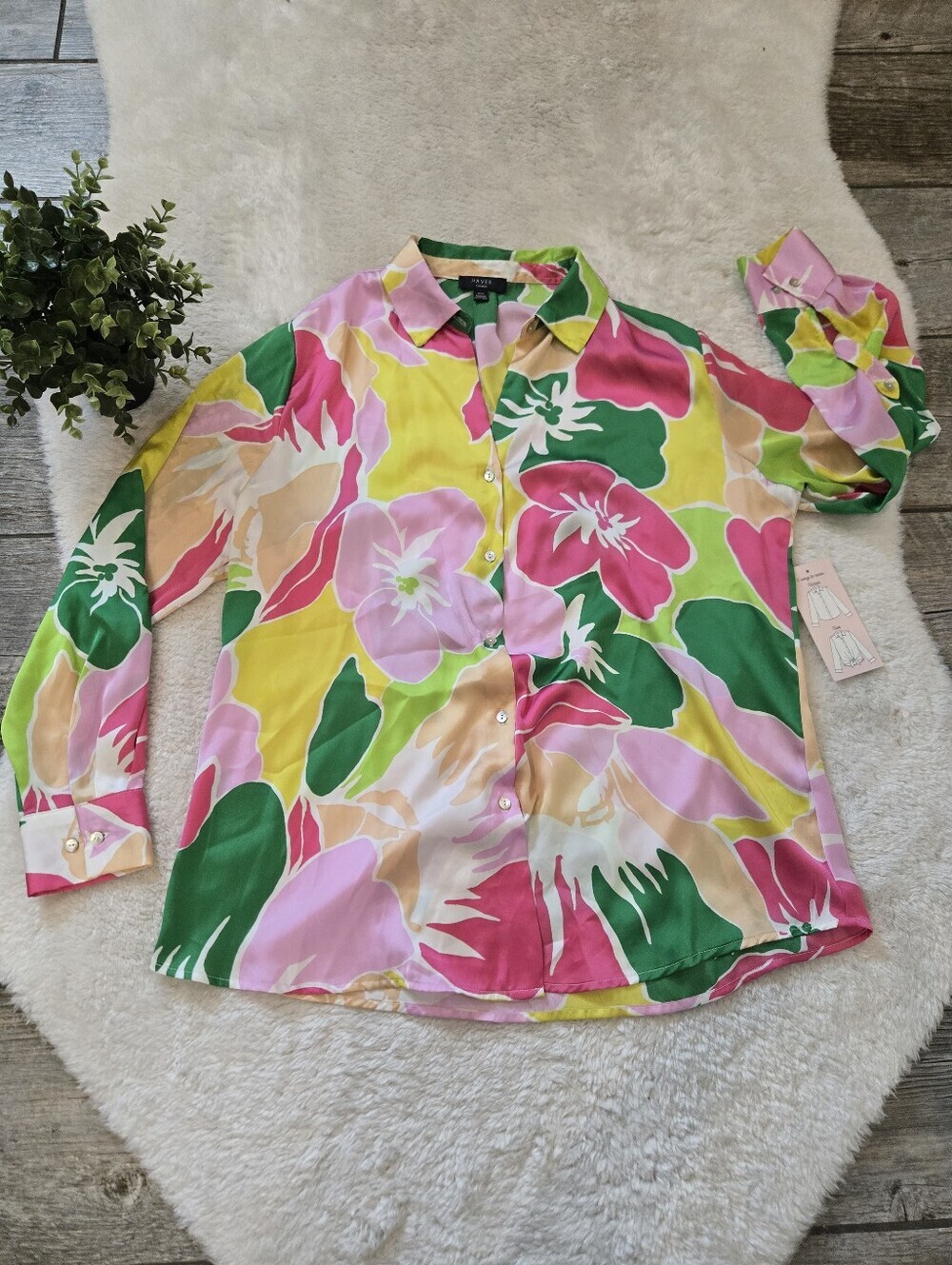 Haver London Colorful Floral Flowy Button-Down Maximalist Statement Blouse, M